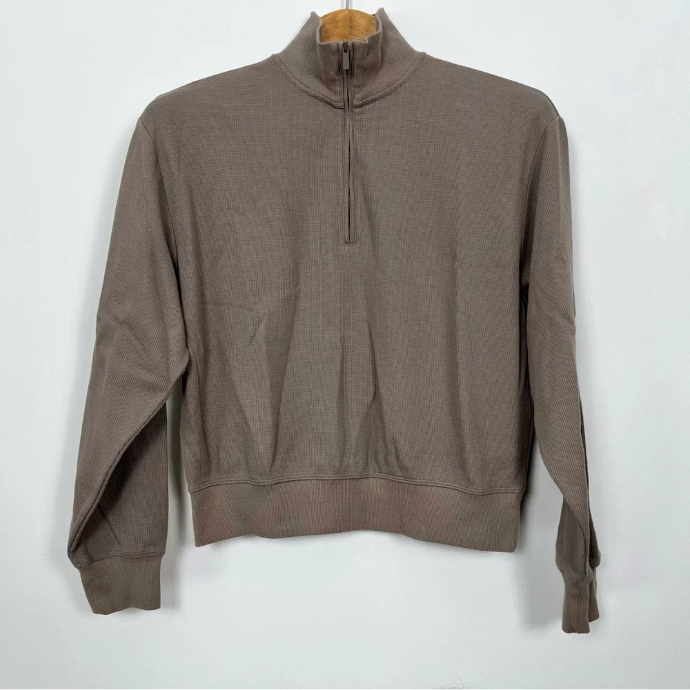 Sunday Best Light Brown‎ Taupe Baby Waffle Quarter Zip Sweater Size Small - Picture 2 of 11